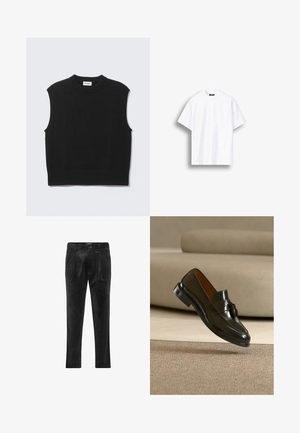 Suéter negro sin mangas confeccionado con tejido de punto suave. Cuello redondo y bajo acanalados. Diseño sencillo sin patrones ni detalles adicionales.; Camiseta blanca lisa de manga corta con cuello redondo y corte holgado, mostrada sobre un fondo blanco con sombra en el lado izquierdo.; Pantalones de terciopelo negro con pliegues frontales, cierre de botón, presillas para cinturón y bolsillos laterales, exhibidos planos sobre un fondo blanco.; Zapato mocasín de cuero negro con borlas flotando sobre una alfombra beige con un sofá beige al fondo.