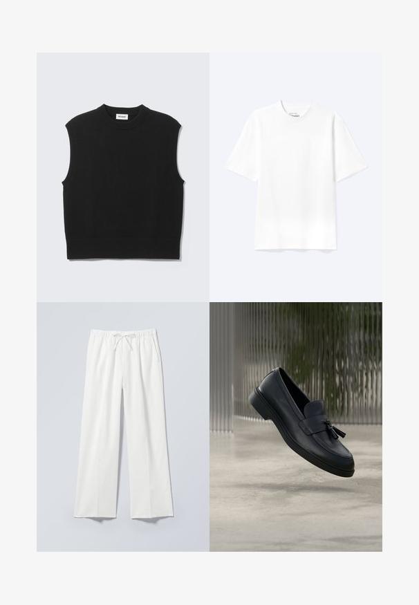Pull sans manches noir en tissu tricoté doux. Encolure ronde côtelée et ourlet côtelé. Design simple sans motifs ni accents supplémentaires.; T-shirt blanc uni à manches courtes et col rond avec une coupe décontractée, présenté sur un fond clair.; Pantalon blanc à jambe large avec taille élastique et cordon de serrage, doté de poches latérales et d'un tissu lisse légèrement texturé.; Mocassins en cuir noir avec une texture lisse, un bout arrondi et des pampilles décoratives à l'avant. Semelle en caoutchouc flexible avec un petit talon.