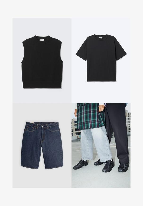 Sort ærmeløs sweater lavet af blødt strikket stof. Ribstrikket rund halsudskæring og kant. Enkel design uden yderligere mønstre eller detaljer.; Sort T-shirt med korte ærmer og rund hals med afslappet pasform, forfra, ensfarvet design og synligt Weekday-mærke inde i kraven.; Mørkeblå denim shorts med et klassisk design, der har fem lommer, syninger, en knaplukning og buede baglommer.; Sorte atletik sko med mesh- og gummidetaljer. Båret med lysegrå vide jeans og en ternet grøn bluse. Flad overflade i baggrunden.