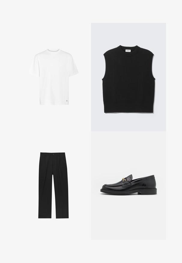 Sort ærmeløs sweater lavet af blødt strikket stof. Ribstrikket rund halsudskæring og kant. Enkel design uden yderligere mønstre eller detaljer.; Hvid bomulds t-shirt med rund halsudskæring, korte ærmer og lige kant. Har et lille logo detaljeret i nederste hjørne.; Sorte bukser med lige ben, lavet af et glat stof. Har frontfolder og en enkelt knaplukning i taljen.; Sorte læder loafers med en rund tå, der har guld hardware accent og syningsdetaljer, placeret på en lav, tekstureret gummisål.