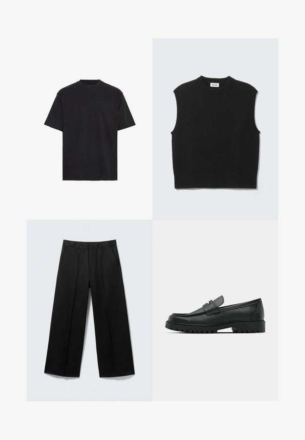Sort ærmeløs sweater lavet af blødt strikket stof. Ribstrikket rund halsudskæring og kant. Enkel design uden yderligere mønstre eller detaljer.; Sort bomulds T-shirt, korte ærmer, rund hals, letvægts, løs pasform, glat tekstur, ingen synlige mønstre eller accenter.; Sorte vidde-bukser med bæltestropper, forlommer og lynlås foran, vist på en lysegrå baggrund.; Sorte læder loafers med rund tå, der har et syet design, lav platformssål og en struktureret, skridsikker gummisål.
