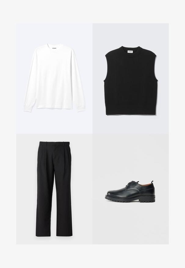 Suéter negro sin mangas confeccionado con tejido de punto suave. Cuello redondo y bajo acanalados. Diseño sencillo sin patrones ni detalles adicionales.; Camisa blanca lisa de manga larga con cuello redondo y puños acanalados, mostrada sobre un fondo claro y neutro.; Jack & Jones Classic Wide Leg Fit - Pantalones - black; Zapatos derby de cuero negro con una textura suave, punta redondeada, diseño de cordones y una suela de goma gruesa y resistente.