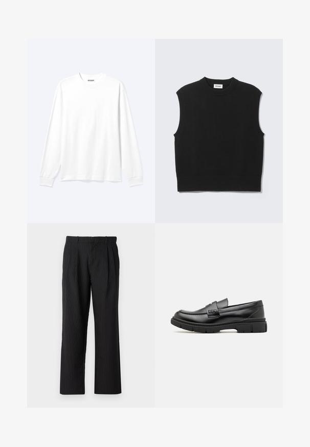 Suéter negro sin mangas confeccionado con tejido de punto suave. Cuello redondo y bajo acanalados. Diseño sencillo sin patrones ni detalles adicionales.; Camisa blanca lisa de manga larga con cuello redondo y puños acanalados, mostrada sobre un fondo claro y neutro.; Jack & Jones Classic Wide Leg Fit - Pantalones - black; Mocasin de cuero negro con una cinta ancha en el empeine, suela de goma con tacos gruesos y textura suave. Diseño clásico y elegante.