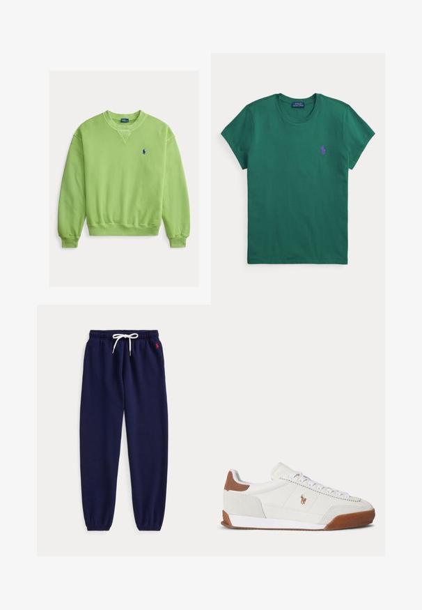 Lichtgroene trui met lange mouwen en ronde hals, met geribde manchetten en zoom, met klein blauw geborduurd logo op de linkerborst.; Groen Polo Ralph Lauren T-shirt met korte mouwen, ronde hals en klein paars geborduurd logo op de linkerborst.; Marineblauwe joggerbroek met witte aantrekkoord in de taille en elastische boorden, met een klein rood logo geborduurd vlak bij de linker zak.; Witte lage sneaker met bruine suède accenten bij hiel en neus, witte veters en een klein bruin geborduurd logo aan de zijkant.