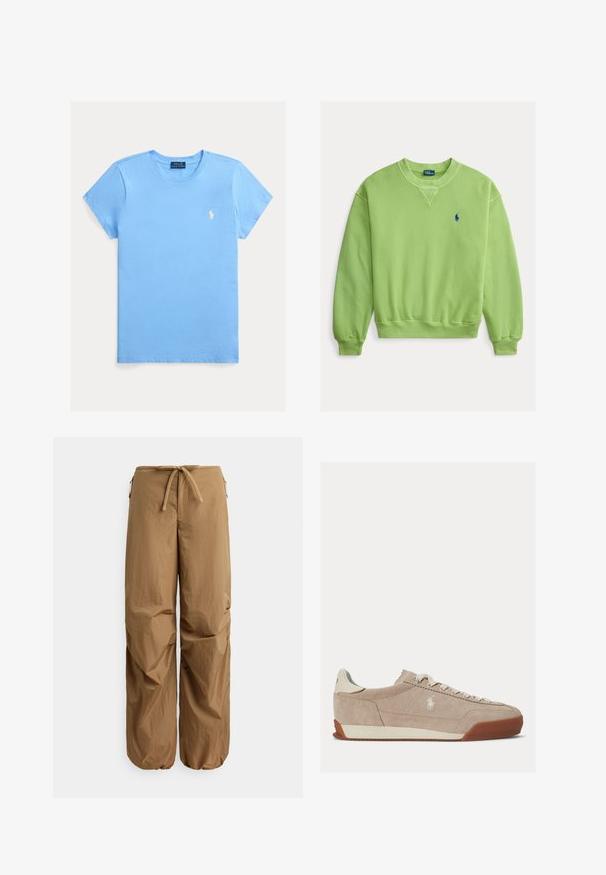 Lys grønn genser med rund hals og lange ermer, med ribbede mansjetter og kant, med lite blått brodert logo på venstre bryst.; Lyseblå T-skjorte med korte ermer og rund hals, med liten hvit brodert Polo Ralph Lauren-logo på venstre bryst.; Brune, løstsittende bukser med elastisk snøring i midjen, glidelåslommer på sidene og elastiske mansjetter ved anklene.; Beige semsket lavsko joggesko med hvite skolisser, hvit logo på siden og brun gummisåle.