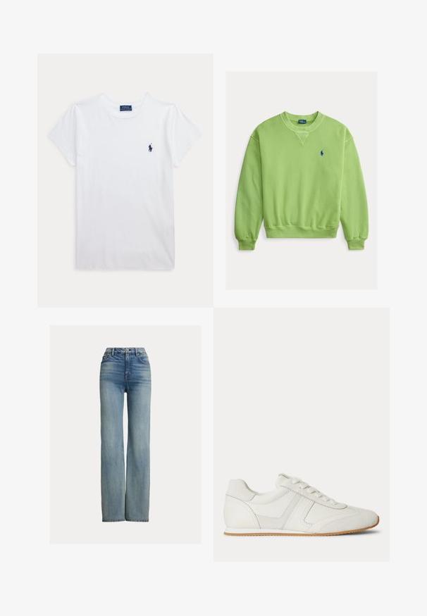 Sweat-shirt vert clair à manches longues avec col rond, poignets et ourlet côtelés, avec petit logo bleu brodé sur la poitrine gauche.; T-shirt blanc à manches courtes et col rond avec un petit logo Polo Ralph Lauren bleu marine sur la poitrine gauche.; Jeans bleus taille haute, à jambe droite, avec poches avant, passants de ceinture et fermeture à bouton, présentant des détails légèrement délavés.; Baskets basses blanches avec laçage à l'avant, panneaux en daim et cuir, et une semelle en caoutchouc marron clair sur fond blanc.