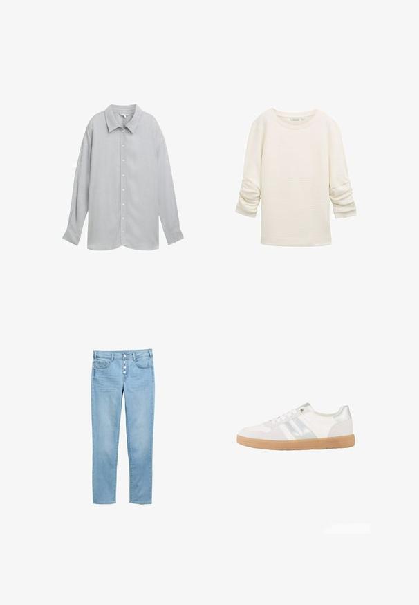 Top de manga larga de color crema con textura, mangas fruncidas y puños acanalados, escote redondo y ajuste holgado.; Camisa de botón de manga larga gris con cuello, hecha de una tela ligera y con una textura sutil y botones blancos.; Vaqueros de mezclilla azul claro con un diseño ajustado, cinco bolsillos y una bragueta con botones que presenta cinco botones visibles. Textura suave y corte clásico.; Zapatilla blanca de caña baja con rayas plateadas, cordones blancos y suela de goma marrón clara, vista de lado sobre un fondo blanco.