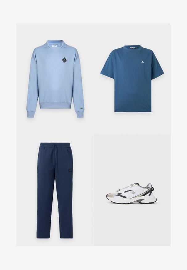 Hele sinine pika varrukaga pullover soonikkoes varrukate ja äärega, avatud krae ning Lacoste'i logoga plaastritega rinnal ja varrukal.; Sinine lühikeste varrukatega ümara kaelusega T-särk, mille vasakul rinnal on väike valge poolringikujuline logo, paigutatud helehallile taustale laiali.; Tumed sinised spordipüksid, valmistatud pehmest puuvillasegust, millel on elastne vöökoht koos nööriga ja väike brändipatch puusal.; Valge spordijalats, millel on hõbedased ja mustad aktsendid, võrkkanga ülemine osa, tekstureeritud tald ja voolujooneline disain, millel on külje peal logo.