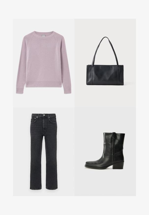 Lyserød striktrøje med ribbede kanter og manchetter, raglanærmer og rund halsudskæring. Blød tekstur og sømløst design.; Mørkegrå denimjeans med lige ben, forsynet med forlommer, enkelt knaplukning og synlige syningsdetaljer.; Sort læder ankelstøvle med rundt tå, blokhæl, lynlås i siden og stikninger på vampsiden. Glat tekstur, klassisk design.; Sort rektangulær lædertaske med to tynde skulderremme mod en ensartet lys baggrund.