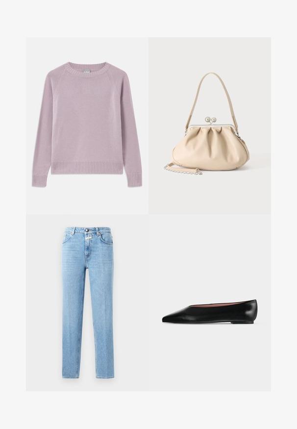 Lyserød striktrøje med ribbede kanter og manchetter, raglanærmer og rund halsudskæring. Blød tekstur og sømløst design.; Lysblå denim-jeans med lige ben, fem-lomme design og metalknaplukning. Struktureret stof med minimal falming.; Sort damesko i læder med flad hæl og spids tå, vist fra siden på en ensfarvet lys grå baggrund.; Beige blød læderhåndtaske med en sølv metalramme-lukning, enkelt skulderstrop og en valgfri kæderem på en hvid baggrund.