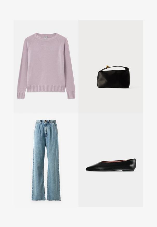 Lyserød striktrøje med ribbede kanter og manchetter, raglanærmer og rund halsudskæring. Blød tekstur og sømløst design.; Lysblå højtaljede bukser med bred ben i denim, med knaplukning, markante bukser og syede lommer.; Sort damesko i læder med flad hæl og spids tå, vist fra siden på en ensfarvet lys grå baggrund.; Sort satinpung med en afrundet form, et håndtag i toppen og en guldaccentlås. Glat tekstur med et minimalistisk design.