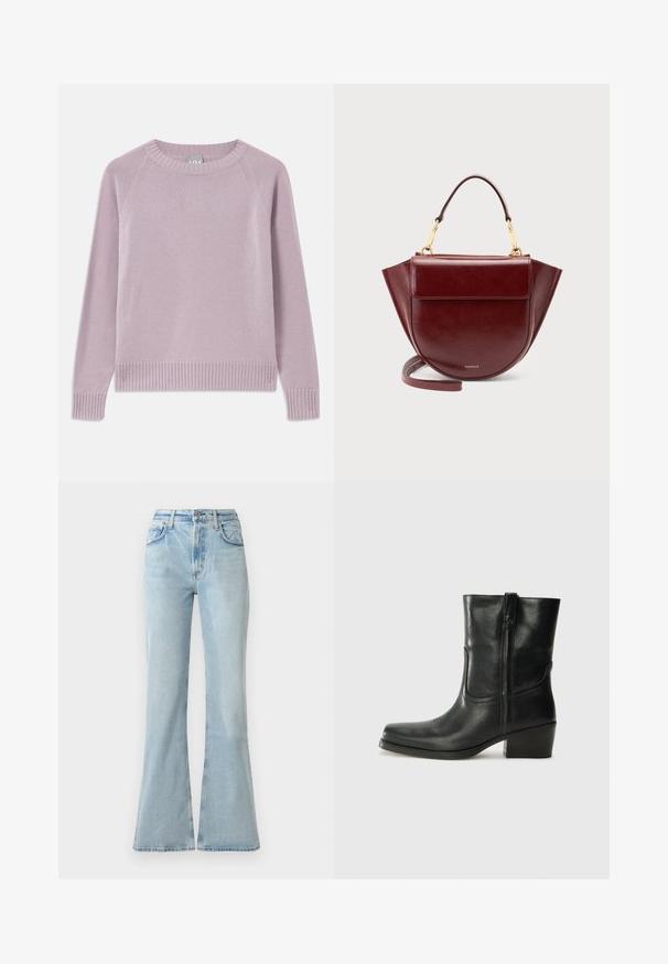 Lyserød striktrøje med ribbede kanter og manchetter, raglanærmer og rund halsudskæring. Blød tekstur og sømløst design.; Lys blå denim flare jeans med høj talje, der har forlommer, knaplukning og en let slidt tekstur.; Sort læder ankelstøvle med rundt tå, blokhæl, lynlås i siden og stikninger på vampsiden. Glat tekstur, klassisk design.; Mørkerød lædertaske med topgreb, guldfarvet hardware, klaplomme foran og lang rem, sat mod en ensartet lys baggrund.