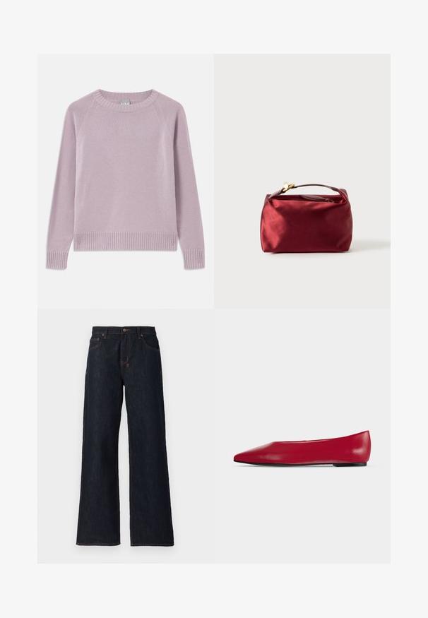 Pull tricoté léger en violet avec un ourlet et des poignets côtelés, des manches raglan et un col rond. Texture douce et design sans couture.; Jeans larges bleu foncé en denim, avec des coutures orange, deux poches avant et une fermeture à bouton à la taille.; Chaussure plate en cuir rouge à bout pointu, semelle noire et petit talon, vue de profil sur un fond clair uni.; Trousse de maquillage en satin bourgogne de forme rectangulaire, avec fermeture éclair et une poignée courte. Présente un design minimaliste et une texture lisse.