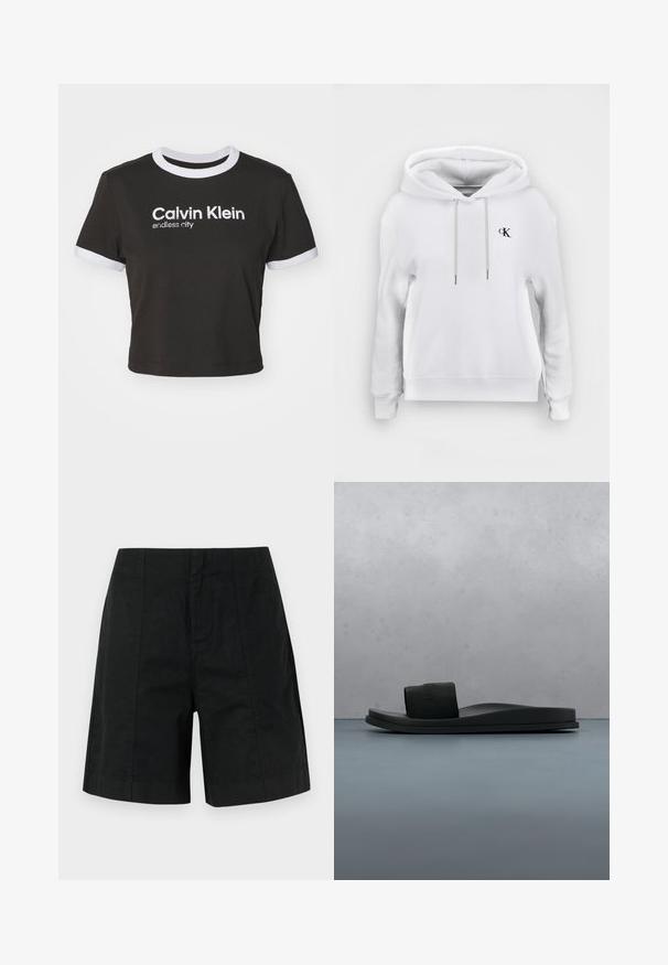 Weißes Kapuzen-Sweatshirt mit vorderen Kordeln und kleinem schwarzem "cK"-Logo auf der linken Brust, gerippte Bündchen und Saum.; Gekürztes schwarzes T-Shirt mit weißem Ringkragen und Ärmelakzenten. Mit "Calvin Klein" und "endless city" in Weiß bedruckt. Aus weichem Baumwollmaterial.; Schwarze, maßgeschneiderte Shorts aus leichtem Stoff, mit einem strukturierten Design und vertikalen Linien sowie einem geraden Saum. Keine sichtbaren Taschen.; Schwarze Calvin Klein Pantolette mit breitem Riemen, präsentiert über einem holzstrukturierten Boden und Kieseln, unscharfer Außenhintergrund.