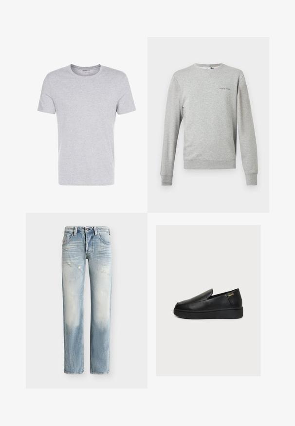 Sudadera gris claro de manga larga con cuello redondo, puños y dobladillo acanalados, y texto pequeño "Tiger of Sweden" en el pecho izquierdo.; Camiseta de algodón gris con cuello redondo, mangas cortas y un diseño liso, que presenta una textura suave y lisa, sin patrones ni adornos visibles.; Vaqueros azul claro desgastados con perneras rectas, parches desgastados y diseño clásico de cinco bolsillos sobre un fondo blanco.; Zapato negro de plataforma de piel con diseño slip-on, suela gruesa y pequeño logo dorado "HUGO" cerca del talón sobre un fondo claro y liso.