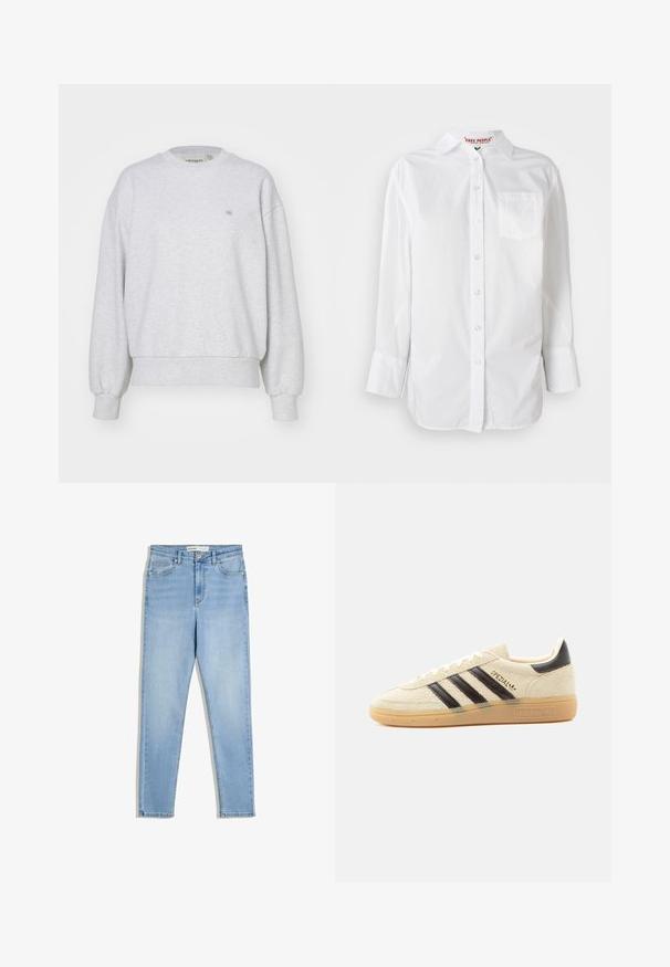 Carhartt WIP CASEY - Sweatshirt - ash heather/silver; Hvid langærmet skjorte med knapper og krave samt brystlomme, Præsenteret mod en ensfarvet baggrund.; Lyseblå denimjeans med høj talje, slanke ben, frontlommer og lynlåsgylf. Stoffet har en subtil falmet vask.; Kremfarvet ruskindssneaker med sorte striber, gummisål, sort hælstrop og gyldent "SPEZIAL"-tekst på siden.