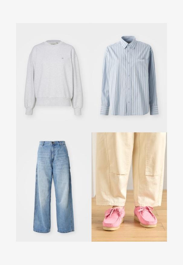 Carhartt WIP CASEY - Sweatshirt - ash heather/silver; Helles blaues Langarm-Hemd mit weißen und dunklen vertikalen Streifen sowie einer Brusttasche mit weißer Schriftstickerei.; Hellblaue weite Jeans mit hoher Taille, ausgestattet mit seitlichen Taschen und einer ausgeblichenen Textur, aus Denim-Material gefertigt.; Rosa Wildleder-Mokassins mit Schnürsenkeln, die eine strukturierte Oberfläche und eine hellbeige Gummisohle aufweisen, kombiniert mit beigen Hosen.