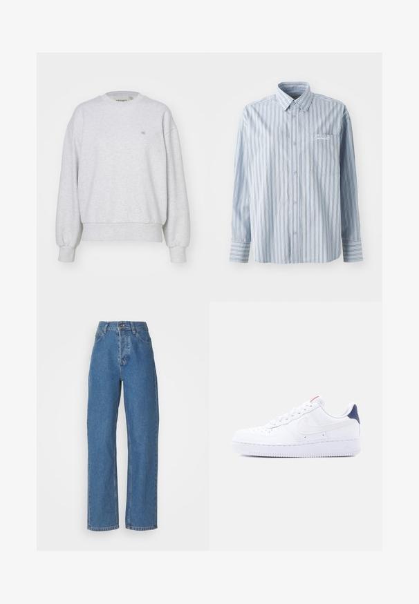 Carhartt WIP CASEY - Sudadera - ash heather/silver; Camisa de botón de manga larga azul claro con rayas verticales blancas y oscuras, y un bolsillo en el pecho delantero que presenta bordado en blanco.; Jeans azules de tiro alto y pierna recta con un acabado desgastado. Cuenta con cinco bolsillos, un cierre de botón y detalles de costura sutiles.; Zapatilla blanca de caña baja con perforaciones en la puntera, cordones blancos, un logo swoosh blanco y una lengüeta en el talón de color azul oscuro.