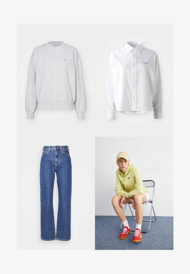 Carhartt WIP CASEY - Mikina - ash heather/silver; Biela košeľa na gombíky s svetlomodrými vertikálnymi prúžkami, s špicatým golierom a malým modrým logom na ľavej hrudi. Bavlnený materiál, voľný strih.; Modré riflové nohavice so širokým strihom, vysokým pásom, kontrastným šitím a klasickým dizajnom s piatimi vreckami. Textúrovaná tkanina s hladkým povrchom.; Svetlozelená mikina s logom, biele šortky, červené tenisky s bielymi pruhmi, sediaca na chrómovej skladacej stoličke proti neutrálnemu pozadiu.