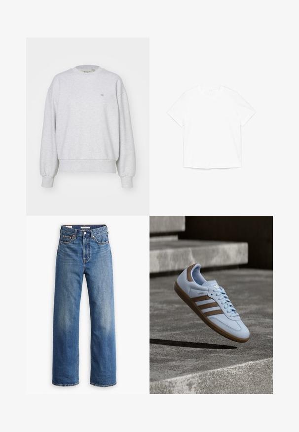 Carhartt WIP CASEY - Sweater - ash heather/silver; Eenvoudig wit T-shirt met korte mouwen en ronde hals, plat gelegd op een witte achtergrond.; Lichtblauwe spijkerbroek met een hoge taille, brede pijpen, klassieke vijfzakkenstijl en subtiele vervaging in de stof.; Lichtblauwe sneaker met bruine suède accenten, voorzien van drie zijstrepen, platte veters en een getextureerde gumzool. Merkembleem op de tong.