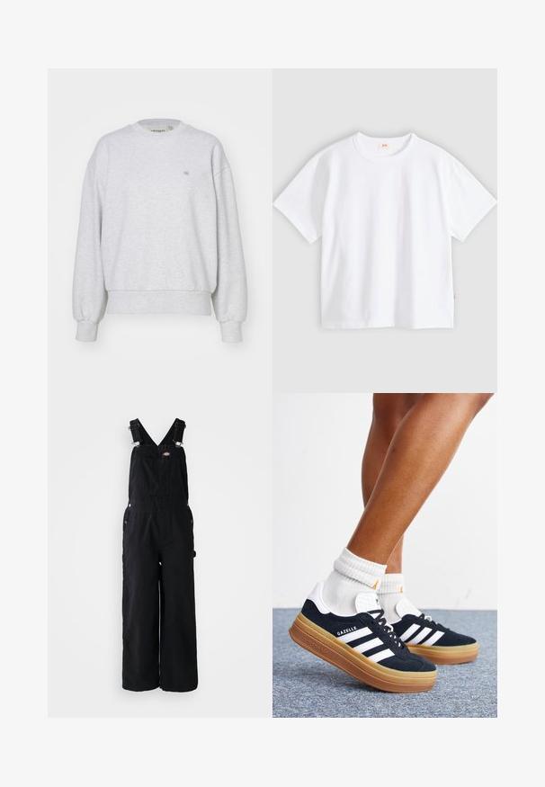 Carhartt WIP CASEY - Sweatshirt - ash heather/silver; Weißes Baumwoll-T-Shirt mit kurzen Ärmeln, rundem Ausschnitt, lockerer Passform, glatter Textur und einem kleinen Logetikett an der linken Seitennaht.; Schwarze Denim-Latzhosen mit weitem Bein, verstellbaren Schulterriemen, Fronttasche und silbernen Hardware-Akzenten. Glatte Textur, minimalistisches Design.; Beine mit weißen Socken und schwarzen Adidas Gazelle Sneakers mit weißen Streifen und dicken braunen Sohlen auf einem grauen Teppichboden.