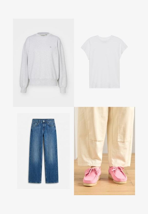 Carhartt WIP CASEY - Sweater - ash heather/silver; Witte t-shirt met korte mouwen, ronde hals, relaxte pasvorm, gemaakt van zacht katoen. Glad textuur, geen patronen of logo's.; Blauwe jeans met rechte pijpen, voorzakken, riemlussen en een knoopsluiting, plat uitgestald op een witte achtergrond.; Roze suède moccasin-stijl schoenen met veters, voorzien van een gestructureerd oppervlak en een lichtbeige rubberen zool, gecombineerd met beige broek.