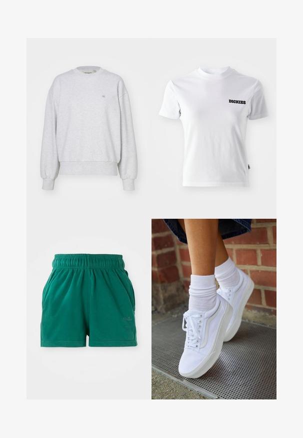Carhartt WIP CASEY - Sweater - ash heather/silver; Witte T-shirt met korte mouwen van katoen, met een ronde hals en zwart "DICKIES" logo op de linkerkant van de borst. Gladde textuur en aansluitend ontwerp.; Groene casual shorts met elastische taille en zijzakken, met een subtiele logo op het rechterbeen.; Witte canvas sneakers met rubberen zolen, voorzien van zes vetertjes, een ronde neus en lichte stikdetails, gecombineerd met witte enkelsokken.