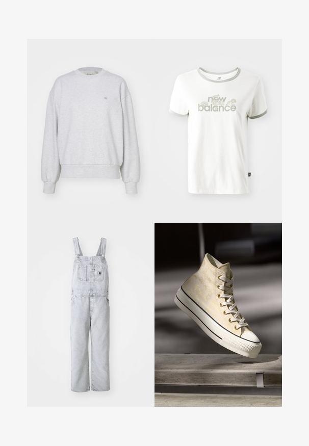 Carhartt WIP CASEY - Sweatshirt - ash heather/silver; Hvid bomulds T-shirt med grå kant, der har et blomstermotiv og teksten "new balance" i lys grøn. Korte ærmer, almindelig pasform.; Grå denim-arbejdsbukser med justerbare stroppper, en frontlomme og sidelommer; løs, lige ben-design; falmet vask med minimal tekstur.; Høje sneakers med en struktureret lys gul overdel, hvid gummitå, og kontrasterende sorte striber på den hvide sål. Snørebåndsdesign.