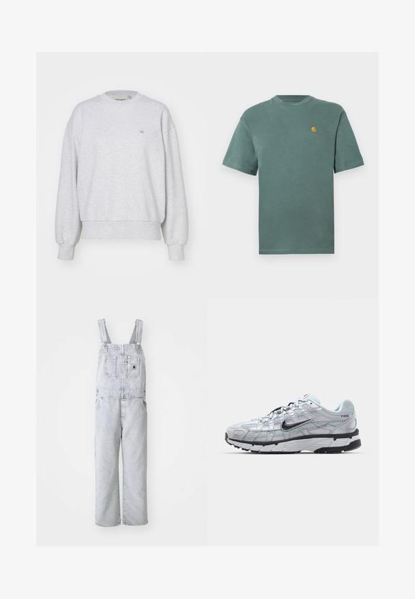 Carhartt WIP CASEY - Φούτερ - ash heather/silver; Πράσινη βαμβακερή μπλούζα με στρογγυλή λαιμόκοψη και κοντά μανίκια, διαθέτοντας ένα μικρό κίτρινο λογότυπο στην αριστερή πλευρά του στήθους. Μαλακή υφή, casual σχέδιο.; Γκρι τζιν ολόσωμες φόρμες με ρυθμιζόμενες τιράντες, μπροστινός και πλευρικοί τσέπες; χαλαρή, ίσια γραμμή; ξεπλυμένο φινίρισμα με ελάχιστη υφή.; Nike P-6000 παπούτσια με άνω μέρος από ελαφρύ γκρι διχτυωτό υλικό, μαύρες λεπτομέρειες και ανθεκτική μαύρη καουτσούκ σόλα. Διαθέτει περίπλοκο σχέδιο και σύστημα κορδονιών.