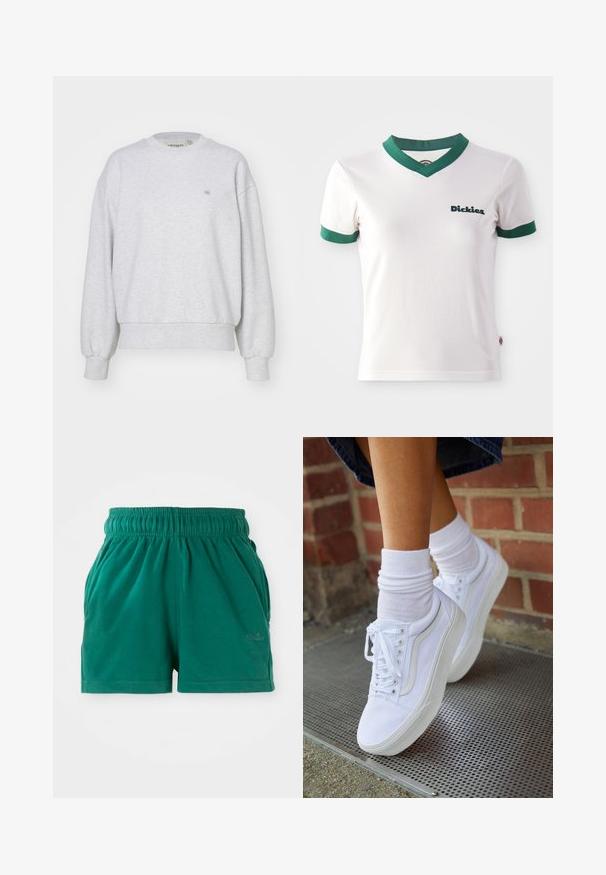 Carhartt WIP CASEY - Sweatshirt - ash heather/silver; T-shirt blanc à manches courtes avec un col en V vert et des bordures de manches vertes ; présente le logo "Dickies" en vert foncé sur le côté gauche de la poitrine. Texture de coton lisse.; Shorts décontractés verts à taille élastique avec poches latérales et logo discret sur la cuisse droite.; Baskets en toile blanches avec semelles en caoutchouc, dotées de six œillets, d'un bout rond et de détails de couture légers, portées avec des chaussettes blanches mi-mollet.
