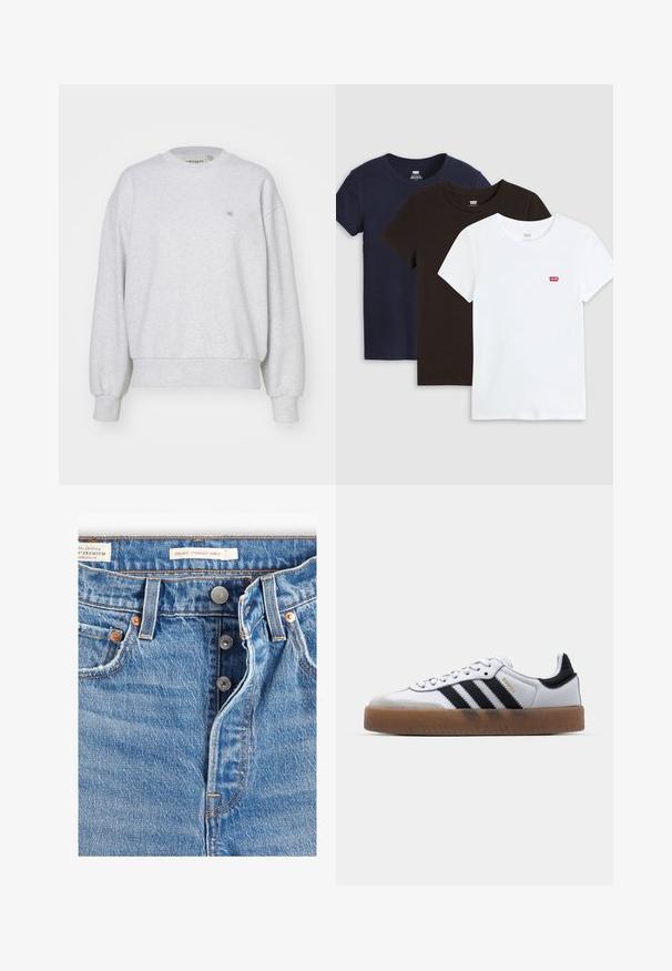 Carhartt WIP CASEY - Sudadera - ash heather/silver; Tres camisetas de manga corta en algodón, de color marino, negro y blanco, con cuellos redondos y un pequeño logo rojo en la camiseta blanca.; Jeans de mezclilla azul claro con corte recto a la altura del tobillo. Incluye cinco bolsillos, dos botones de metal y costuras naranjas visibles. Etiquetas presentes.; Zapatillas de cuero blancas con rayas negras, suela de goma, puntera redonda, cierre de cordones y caperuza de ante gris suave.