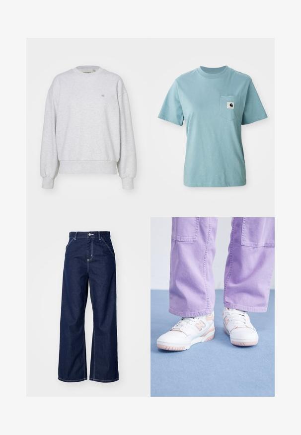 Carhartt WIP CASEY - Sudadera - ash heather/silver; Camiseta de algodón de manga corta color azul claro con bolsillo en el pecho que presenta un pequeño parche del logotipo en blanco y negro de Carhartt.; Jeans de pierna ancha en denim azul oscuro, con una cintura alta, costuras blancas en contraste y diseño tradicional de cinco bolsillos.; Zapatillas blancas con acentos rosas, parte superior de cuero texturizado y suela de goma, combinadas con pantalones de pierna ancha de color púrpura claro sobre una superficie azul.