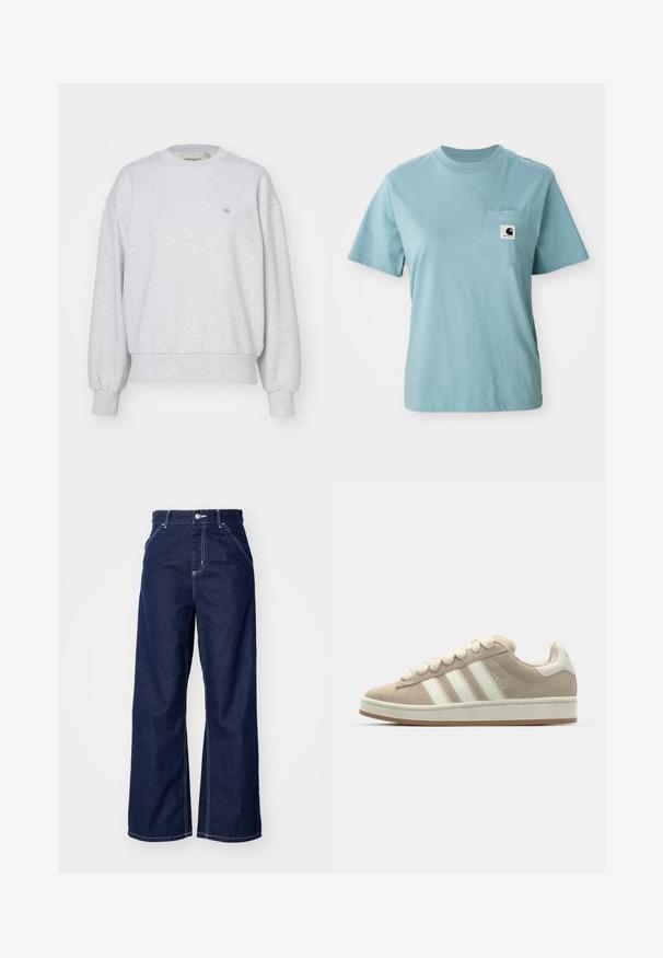 Carhartt WIP CASEY - Sweatshirt - ash heather/silver; Helles blaues, kurzärmliges Baumwoll-T-Shirt mit Brusttasche, das mit einem kleinen schwarz-weißen Carhartt-Logo-Patch versehen ist.; Weite Jeans aus dunkelblauem Denim mit hoher Taille, kontrastierender weißer Naht und klassischem Fünf-Taschen-Design.; Hellbeige Wildlederschuhe mit weißen Lederstreifen und -schnürsenkeln, Gummisohle, gepolstertem Kragen und strukturierten Details auf der Oberseite.