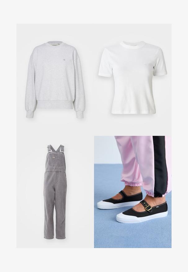 Carhartt WIP CASEY - Sweatshirt - ash heather/silver; Weiße, gerippte Kurzarm-T-Shirt mit Rundhalsausschnitt und kleinem Logo auf der Brust. Aus weichem Stoff gefertigt mit taillierter Passform.; Graue Denim-Overalls mit verstellbaren Trägern, einer Brusttasche und einer lockeren Passform. Sie verfügen über gerade geschnittene Beine und eine durchgehende unifarbene Gestaltung.; Schwarze Leinenschuhe mit einer weißen Sohle, die ein Ausschnittdesign und einen goldenen Schnallenriegel aufweisen. Getragen mit rosa Sporthosen.