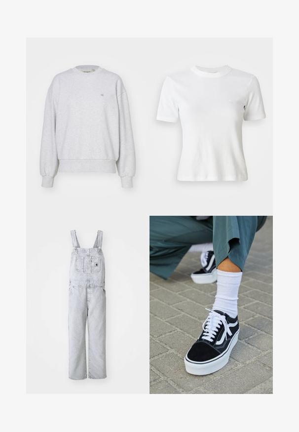 Carhartt WIP CASEY - Sweatshirt - ash heather/silver; Hvid ribbet kortærmet T-shirt med rund halsudskæring og et lille logo på brystet. Lavet af blødt stof med en tætsiddende pasform.; Grå denim-arbejdsbukser med justerbare stroppper, en frontlomme og sidelommer; løs, lige ben-design; falmet vask med minimal tekstur.; Sorte ruskinds sneakers med hvide accenter og snørebånd, der har en tyk hvid sål og kontrasterende syninger, parret med en hvid sok.