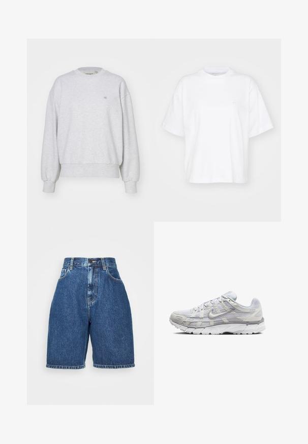 Carhartt WIP CASEY - Mikina - ash heather/silver; Biela bavlnená tričko s okrúhlym výstrihom, krátkymi rukávmi a voľným strihom. Obsahuje jemné logo na ľavej strane hrude. Hladká textúra.; Rifľové šortky v strednej modrej farbe s vysokým pásom, vybavené piatimi vreckami a rovnými nohavicami. Hrubé prešitie a lemované okraje.; Svetlo šedé športové topánky s vrchom z ďalekého a syntetického materiálu, so šnurovacím uzáverom, polstrovaným golierom a štruktúrovanou podrážkou pre lepšiu priľnavosť.
