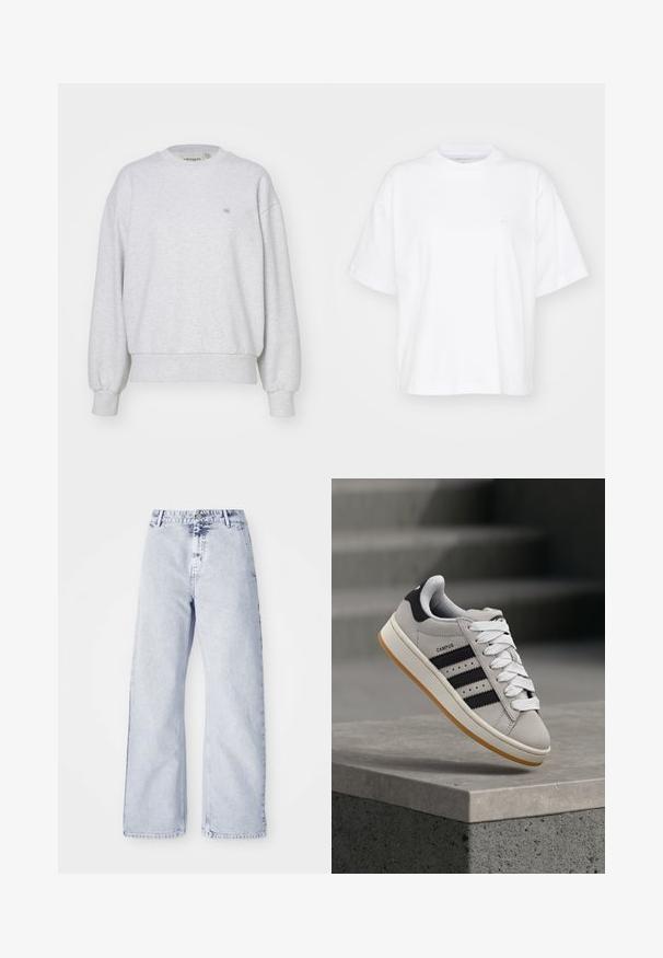 Carhartt WIP CASEY - Mikina - ash heather/silver; Biela bavlnená tričko s okrúhlym výstrihom, krátkymi rukávmi a voľným strihom. Obsahuje jemné logo na ľavej strane hrude. Hladká textúra.; Svetlomodré denimové nohavice so širokými nohavicami a vysokým pásom, s gombíkovým zapínaním a dizajnom piatich vreciek. Mäkká textúra a viditeľné stehenné detaily.; Šedá teniska Adidas Campus s čiernymi pruhmi a bielymi šnúrkami vznášajúca sa nad betónovým múrikom so schodmi v pozadí.