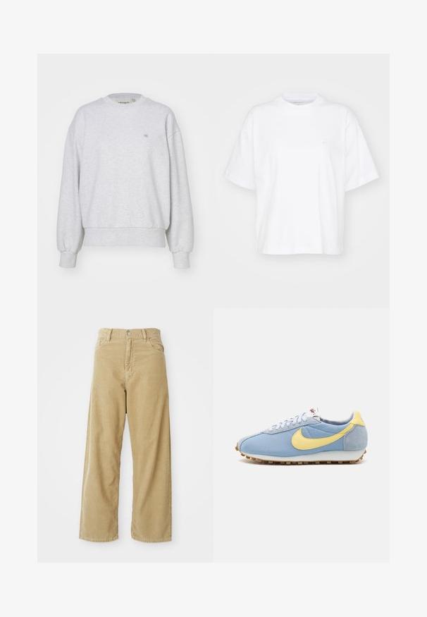 Carhartt WIP CASEY - Sweatshirt - ash heather/silver; Hvid bomulds t-shirt med rund hals, korte ærmer og en afslappet pasform. Har et diskret logo på venstre brystområde. Glat tekstur.; Beige fløjl bukser med høj talje, brede ben, forlommer og en enkelt metalknaplukning. Blød tekstur med subtile ribbede detaljer.; Blå mesh- og ruskinds-sneakers med gul Nike swoosh, hvide snørebånd og lysebrun sål; klassisk atletisk design.