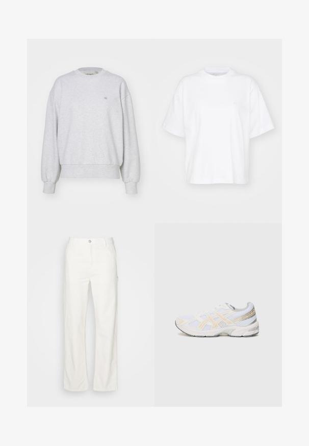 Carhartt WIP CASEY - Sweater - ash heather/silver; Witte katoenen t-shirt met een ronde hals, korte mouwen en een ontspannen pasvorm. Heeft een subtiel logo op het linkerborstgedeelte. Zachte textuur.; Witte katoenen broek met rechte pijpen, een sluiting aan de voorkant met knoop, riemlussen en zijzakken. Glad textuur zonder zichtbare patronen.; Witte sportschoen van mesh-materiaal, met lichtoranje en grijze accenten, een gestructureerde zool en een gevoerde kraag voor comfort.