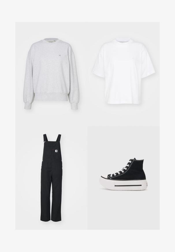 Carhartt WIP CASEY - Mikina - ash heather/silver; Biela bavlnená tričko s okrúhlym výstrihom, krátkymi rukávmi a voľným strihom. Obsahuje jemné logo na ľavej strane hrude. Hladká textúra.; Čierne nohavice s traky, nastaviteľné ramenné popruhy, predná náprsné vrecko a bočné gombíky. Rovný strih, hladká textúra, minimalistický štýl.; Čierne vysoké tenisky vyrobené z plátna, s bielym šitím, gumenou špičkou, hrubou bielou platformou a čiernym pruhom.