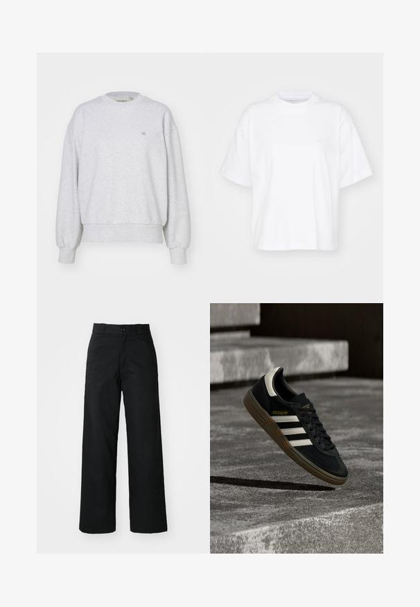 Carhartt WIP CASEY - Sweatshirt - ash heather/silver; Hvid bomulds t-shirt med rund hals, korte ærmer og en afslappet pasform. Har et diskret logo på venstre brystområde. Glat tekstur.; Sorte vide bukser med flad front, knaplukning og bæltestropper. Fremstillet af holdbart stof med en glat tekstur.; Sort Adidas-sneaker med hvide striber og gummisåler, svævende over grå betontrapper i naturligt lys.