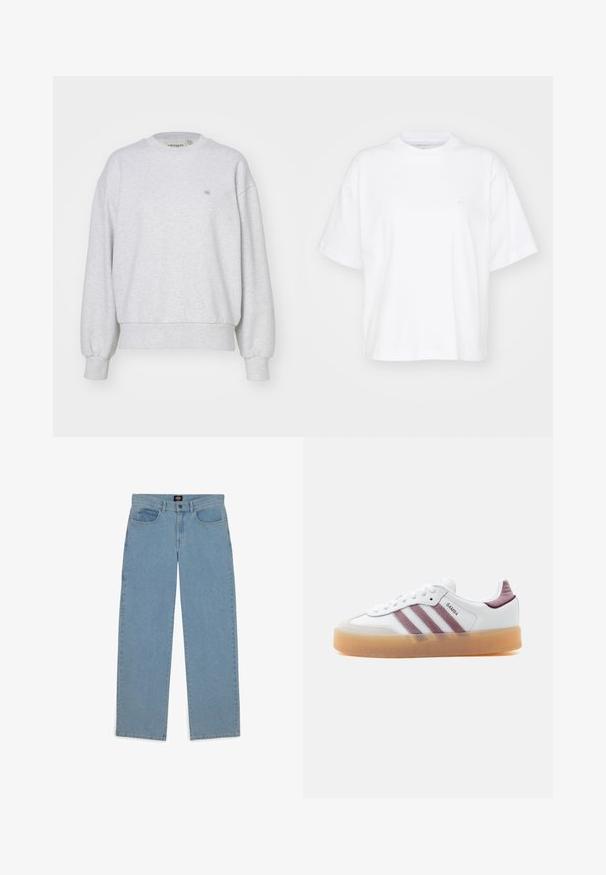 Carhartt WIP CASEY - Mikina - ash heather/silver; Biela bavlnená tričko s okrúhlym výstrihom, krátkymi rukávmi a voľným strihom. Obsahuje jemné logo na ľavej strane hrude. Hladká textúra.; Svetlomodré džínsy, voľný strih, denímová tkanina, päť vreciek, gombíkový uzáver, priame nohavice, viditeľné švy, bez vzorov alebo akcentov.; Biela nízka teniska s hnedou gumovou podrážkou, pruhmi z fialového semišu a detailmi na päte, s označením „SAMBA“ na bočnej časti.