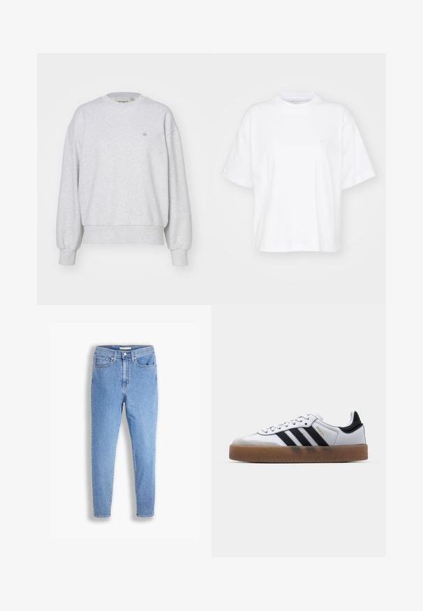 Carhartt WIP CASEY - Sweater - ash heather/silver; Witte katoenen t-shirt met een ronde hals, korte mouwen en een ontspannen pasvorm. Heeft een subtiel logo op het linkerborstgedeelte. Zachte textuur.; Lichtblauwe hoge taille slim-fit jeans met voor- en achterzakken, knoopsluiting en riemlussen op een witte achtergrond.; Witte leren sneakers met zwarte strepen, gumrubberen buitenzool, ronde neus, vetersluiting en een zachte grijze suède neuskap.