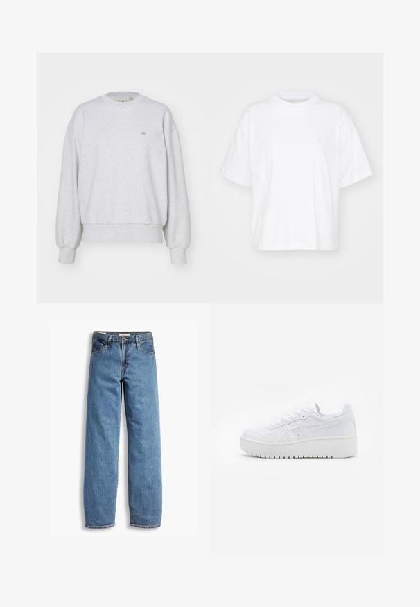 Carhartt WIP CASEY - Φούτερ - ash heather/silver; Λευκή βαμβακερή μπλούζα με στρογγυλή λαιμόκοψη, κοντά μανίκια και άνετη εφαρμογή. Διαθέτει μια διακριτική λογότυπο στην αριστερή περιοχή του στήθους. Λείος υφή.; Ανοιχτό μπλε τζιν παντελόνι με ίσια γραμμή, πέντε τσέπες, ορατές ραφές και ελαφρώς ξεθωριασμένη υφή. Τυπική κλείσιμο με κουμπί και φερμουάρ.; Λευκά αθλητικά παπούτσια πλατφόρμας με λεία δερμάτινη υφή, διάτρητες λεπτομέρειες και επίπεδα κορδόνια; διαθέτουν παχύ λευκό καουτσούκ σόλα.