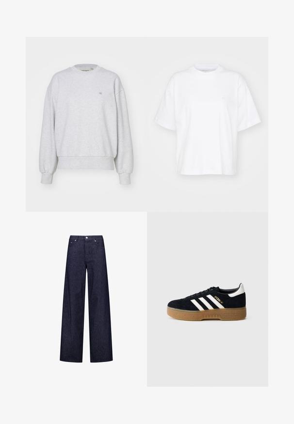 Carhartt WIP CASEY - Sweater - ash heather/silver; Witte katoenen t-shirt met een ronde hals, korte mouwen en een ontspannen pasvorm. Heeft een subtiel logo op het linkerborstgedeelte. Zachte textuur.; Brede denim broek met een donkerblauw en wit verticaal gestreept patroon, voorzien van twee voorzakken en een klassieke knoopsluiting.; Zwarte suède sneaker met witte drie strepen en gouden merktekens. Gele zool met gestructureerde grip. Klassiek laag model, afgeronde neus.