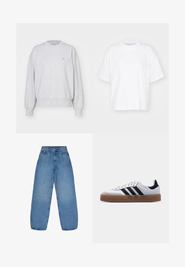 Carhartt WIP CASEY - Sweatshirt - ash heather/silver; Hvid bomulds t-shirt med rund hals, korte ærmer og en afslappet pasform. Har et diskret logo på venstre brystområde. Glat tekstur.; Lyseblå vidde jeans lavet af denim med høj talje, fem lommer og kontraststing. Har en lynlås og knaplukning.; Hvide lædersneakers med sorte striber, gummirubber sål, rund tå, snørelukning og blød grå ruskinds tåhætte.
