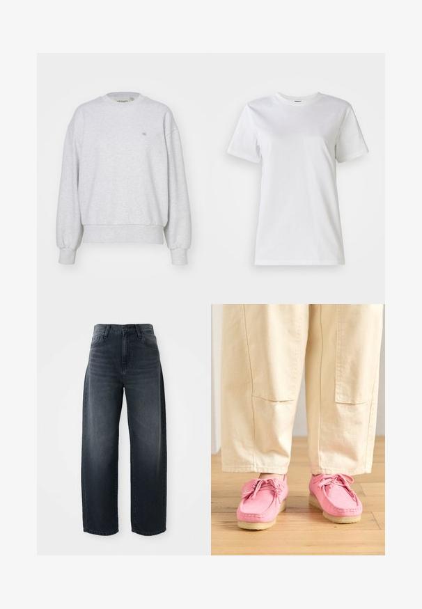 Carhartt WIP CASEY - Sweatshirt - ash heather/silver; Hvid bomulds t-shirt med rund hals og korte ærmer. Stoffet er glat med en blød tekstur og uden synlige mønstre eller detaljer.; Vidde bukser i mørk denim med høj talje, klassisk knap- og lynlåslukning, samt subtil falming langs forsiden.; Lyserøde ruskinds mokkasiner med snørebånd, med en struktureret overflade og en lys beige gummisål, parret med beige bukser.