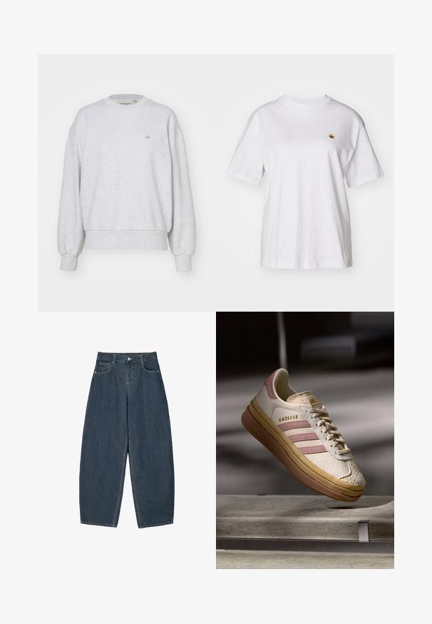 Carhartt WIP CASEY - Sweater - ash heather/silver; Witte katoenen t-shirt met een relaxte pasvorm, korte mouwen en een klein geborduurd logo op de linkerborst.; Donkerblauwe denim wijde broek met hoge taille, voorzien van vijf zakken en zichtbare stikseldetails. Schoon, minimaal ontwerp.; Witte suède sneakers met roze accenten, voorzien van drie strepen en een gouden logo. Textuur in de neuskap en een bruine rubberen zool. Klassiek ontwerp.