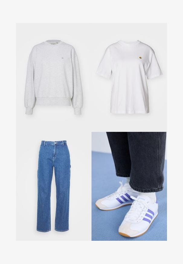 Carhartt WIP CASEY - Φούτερ - ash heather/silver; Λευκό βαμβακερό μπλουζάκι με χαλαρή εφαρμογή, κοντά μανίκια, και ένα μικρό κεντητό λογότυπο στην αριστερή περιοχή του στήθους.; Μπλε τζιν παντελόνι ψηλής μέσης με σχέδιο ίσιας γραμμής, διαθέτοντας κλείσιμο με κουμπί μπροστά και πλαϊνές τσέπες. Λείο ύφασμα χωρίς ορατά σχέδια.; Λευκά sneakers με μοβ ρίγες, διαθέτοντας σουέτ προστατευτικό μπροστινό μέρος και υφή στη σόλα. Φοριούνται με μαύρα παντελόνια με μανσέτα και λευκές κάλτσες.