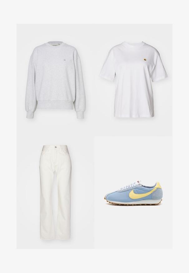 Carhartt WIP CASEY - Sweatshirt - ash heather/silver; Hvid bomulds-t-shirt med en afslappet pasform, korte ærmer og et lille broderet logo på venstre brystområde.; Hvide denimbukser med høj talje og bred benpasform. Har en knap- og lynlåslukning, bæltesløjfer og subtile syninger.; Blå mesh- og ruskinds-sneakers med gul Nike swoosh, hvide snørebånd og lysebrun sål; klassisk atletisk design.